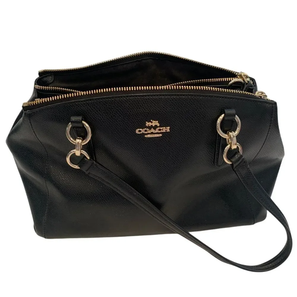 Coach Black Leather Satchel Handbag with‎ Gold Hardware Double Zip Crossbody